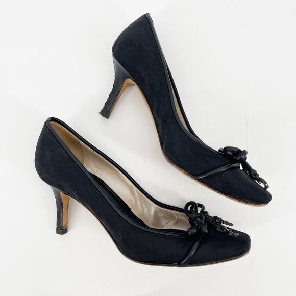 Dior Black Monogram Canvas CD Charm Bow Square Toe Mid Heel Pumps EU 37.5 - Picture 5 of 12